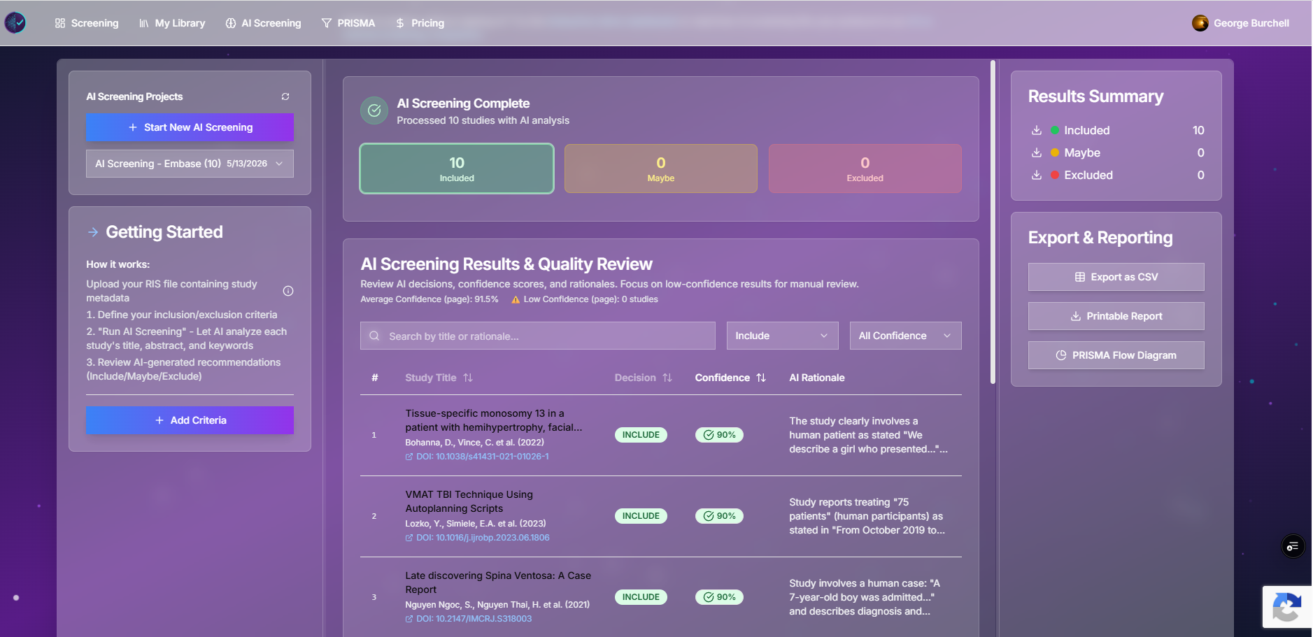 Study Screener AI screening workspace for criteria entry and batch classification results