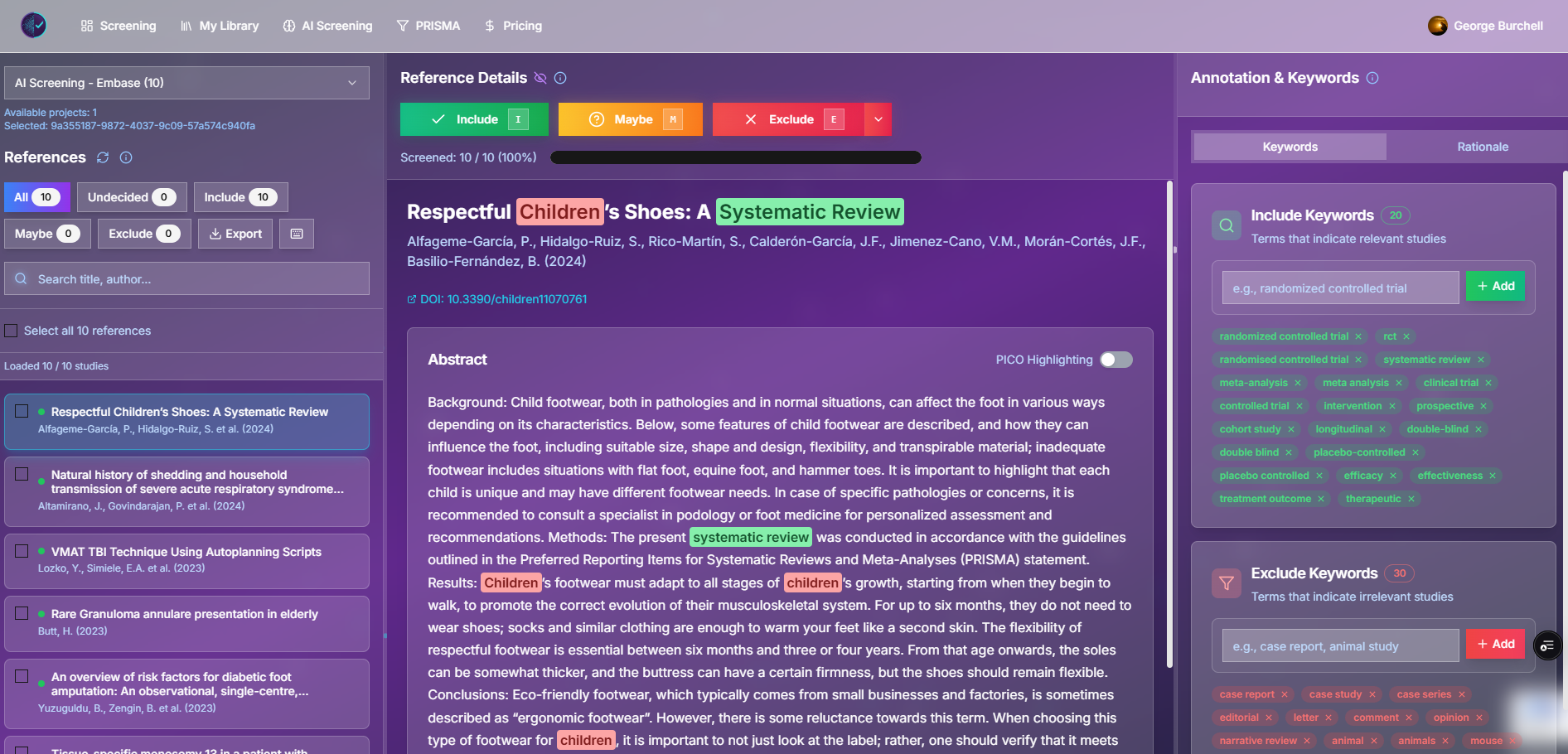 Manual screening: abstract panel with include, maybe, and exclude actions