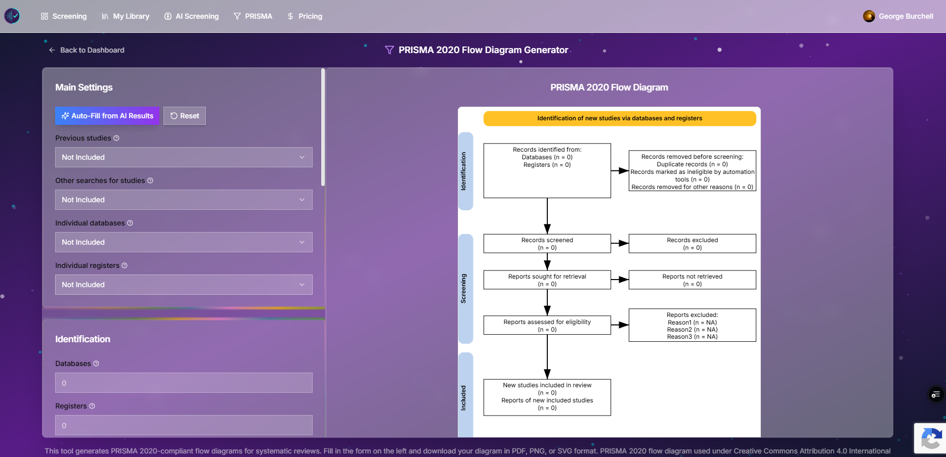 PRISMA 2020 diagram builder with editable stage counts