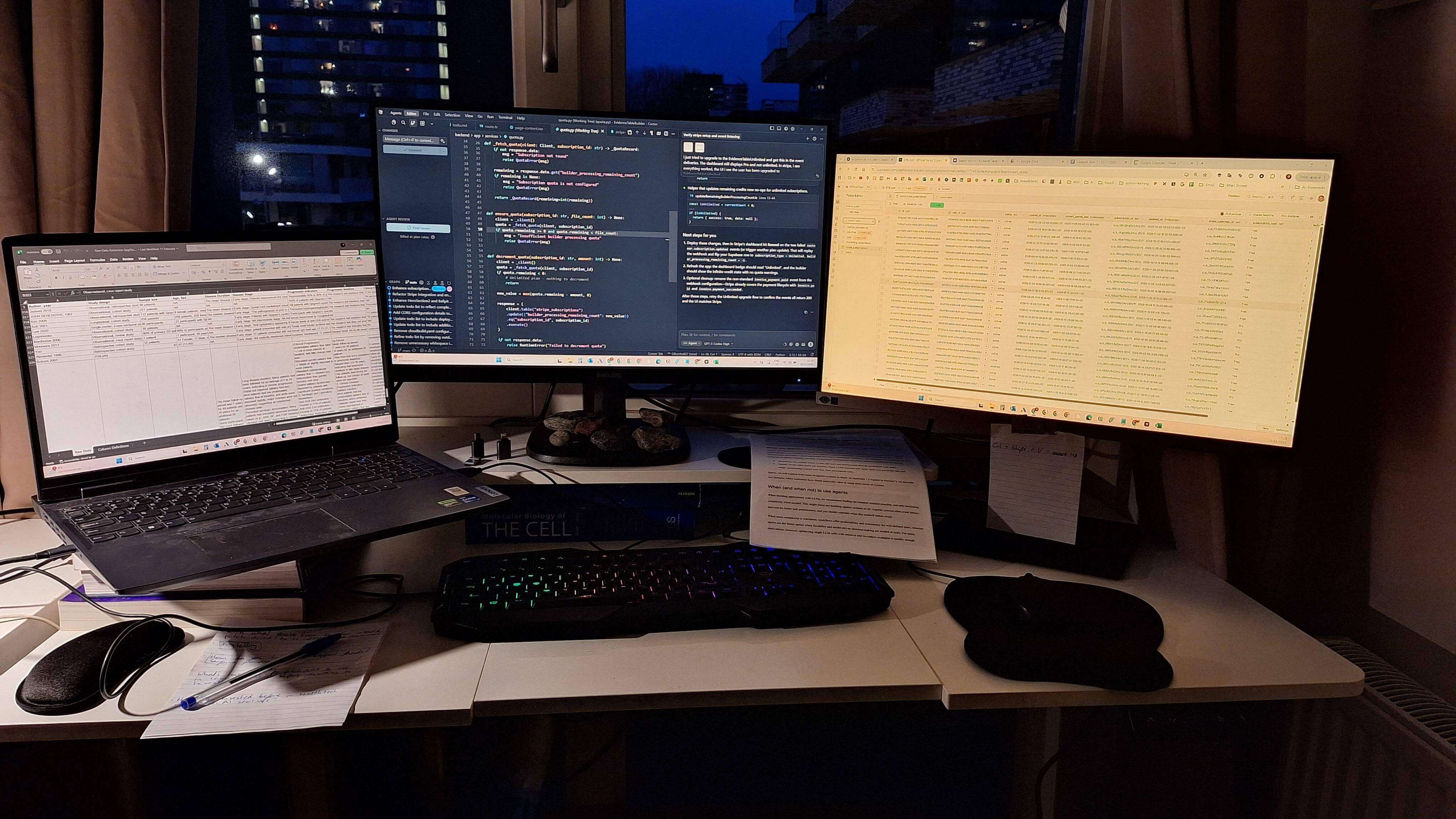A researcher overwhelmed by stacks of academic papers and systematic review documents, with AI technology emerging to help organize and streamline the screening process